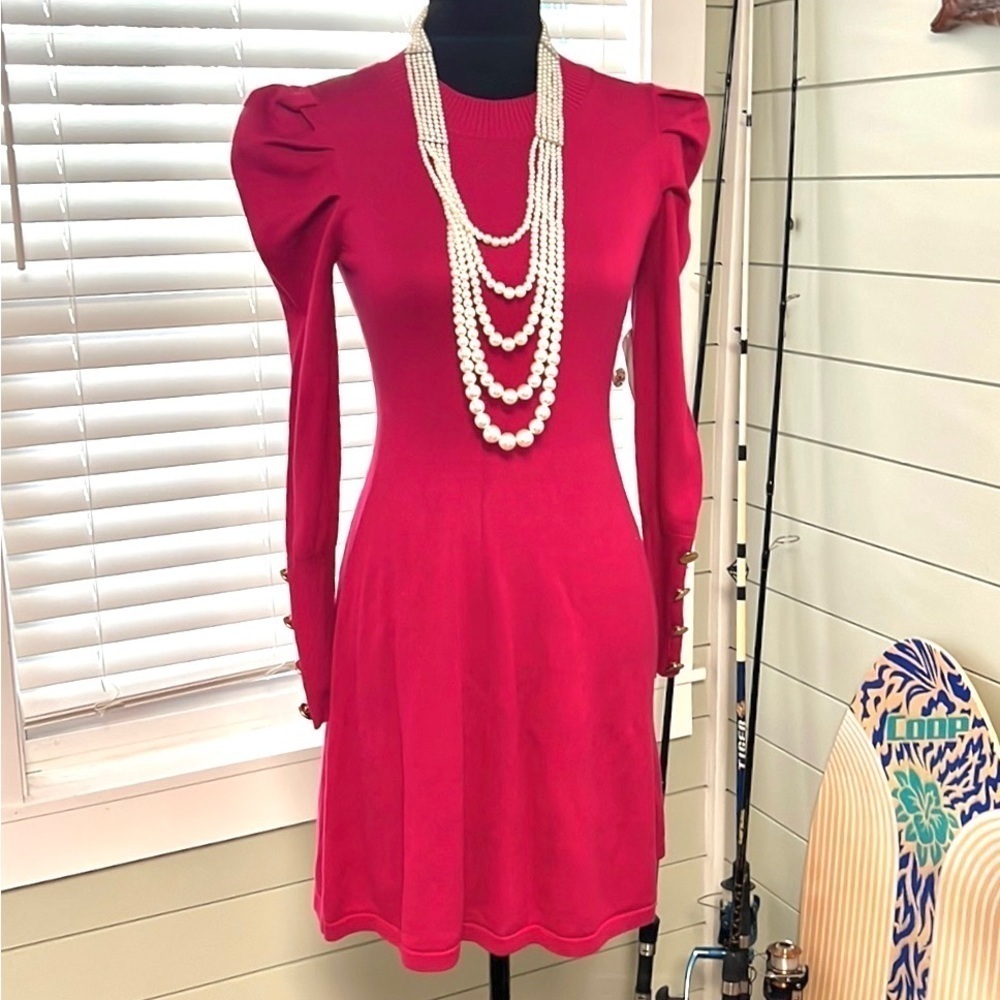💞NWT Midnight Doll XS,Fuchsia Long Sleeve Puff Shoulder Sweater-Dress,Soze XS